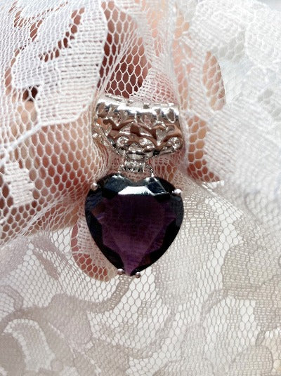 Purple Amethyst Heart Pendant, Heart shaped faceted gemstone, sterling silver filigree, antique design jewelry, vintage style jewelry, silver embrace Jewelry, P38