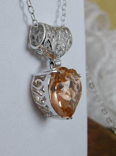 Peach Topaz Heart Pendant, Heart shaped faceted gemstone, sterling silver filigree, antique design jewelry, vintage style jewelry, silver embrace Jewelry, P38