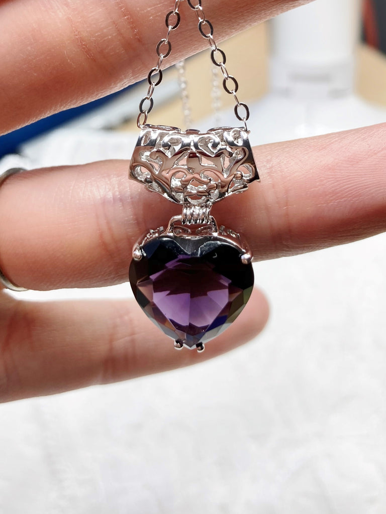 Heart shaped purple amethyst pendant with sterling silver filigree detail, Silver Embrace Jewelry