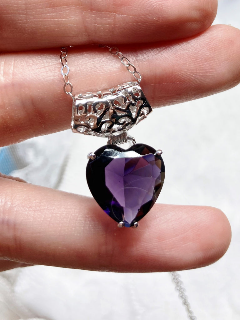 Heart shaped purple amethyst pendant with sterling silver filigree detail, Silver Embrace Jewelry