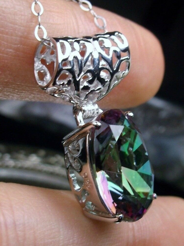 Mystic Topaz pendant with art deco sterling silver filigree a wide bail holds the swiveling oval stone, Silver Embrace Jewelry