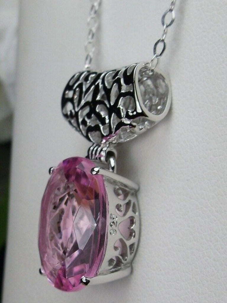 Pink Topaz pendant with art deco sterling silver filigree a wide bail holds the swiveling oval stone, Silver Embrace Jewelry