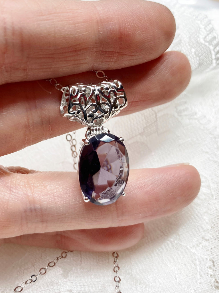 Purple Amethyst stone pendant with art deco sterling silver filigree a wide bail holds the swiveling oval stone, Silver Embrace Jewelry