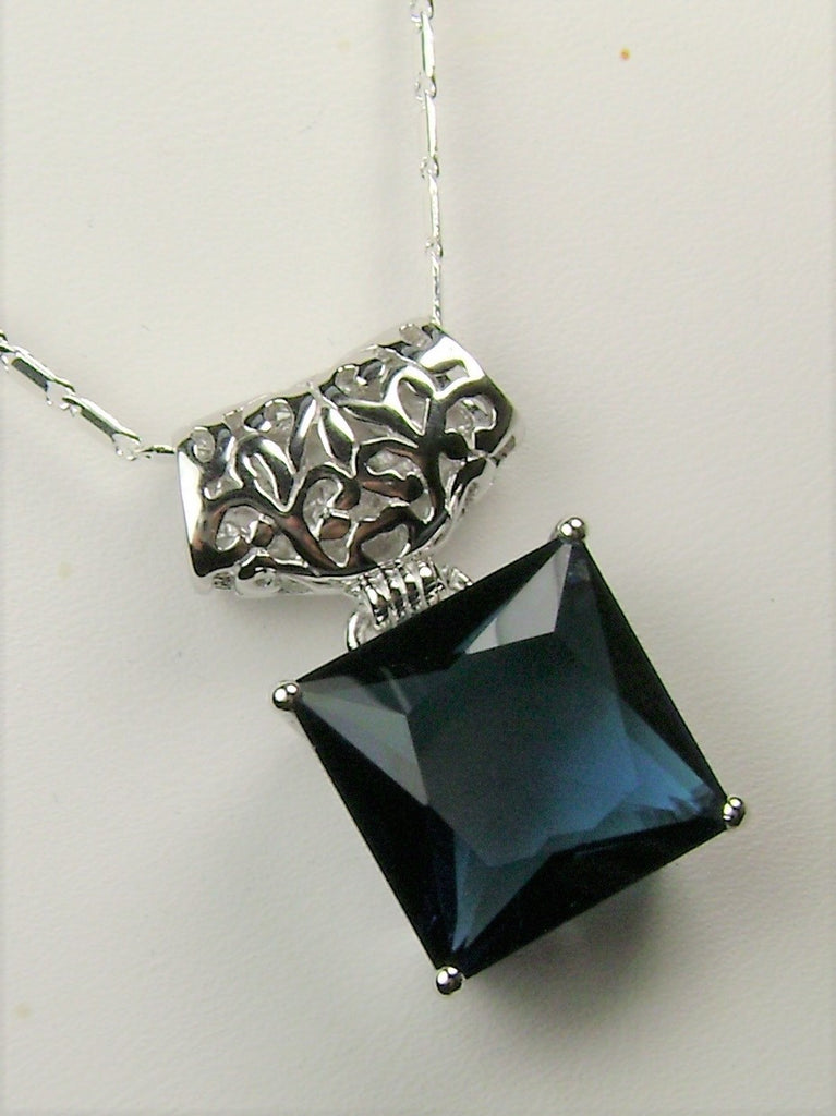 Blue Sapphire Square Pendant, Sterling Silver Art Deco Jewelry, Vintage style, Necklace, P45