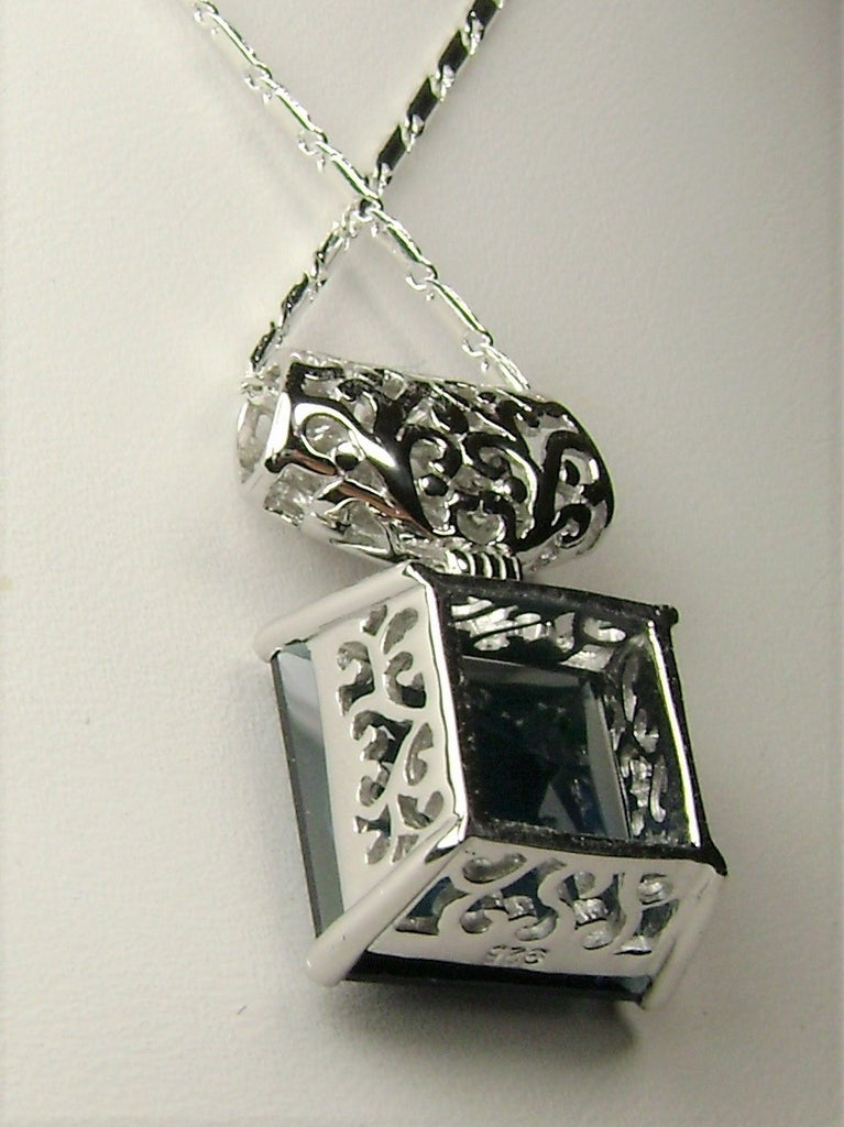 Blue Sapphire Pendant, Square Gem, Sterling Silver Filigree, Art Deco Jewelry, Silver Embrace Jewelry P45