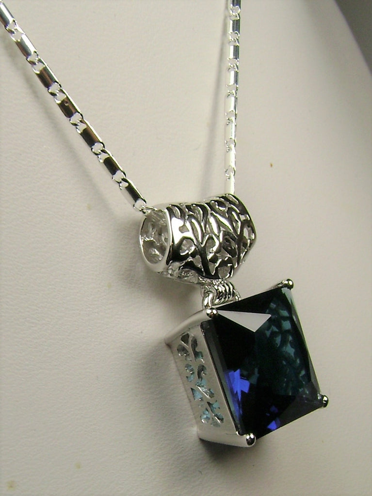 Blue Sapphire Pendant, Square Gem, Sterling Silver Filigree, Art Deco Jewelry, Silver Embrace Jewelry P45