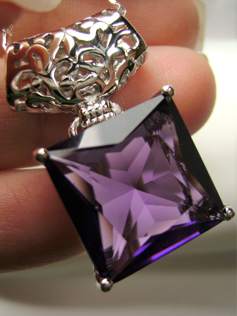 Purple Amethyst Square Pendant, Sterling Silver Art Deco Jewelry, Vintage style, Necklace, P45