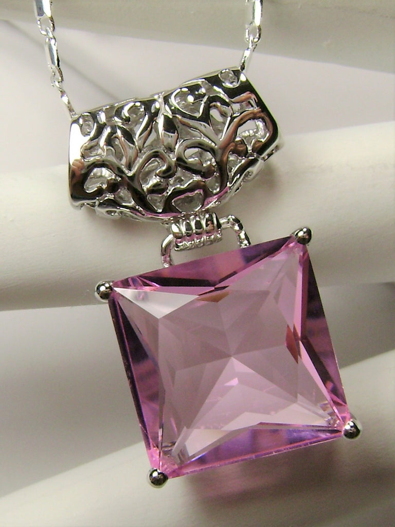 Pink Topaz Pendant, Square Gem, Sterling Silver Filigree, Necklace, Art Deco Jewelry, Silver Embrace Jewelry, P45