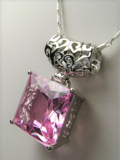 Pink Topaz Square Pendant, Sterling Silver Art Deco Jewelry, Vintage style, Necklace, P45