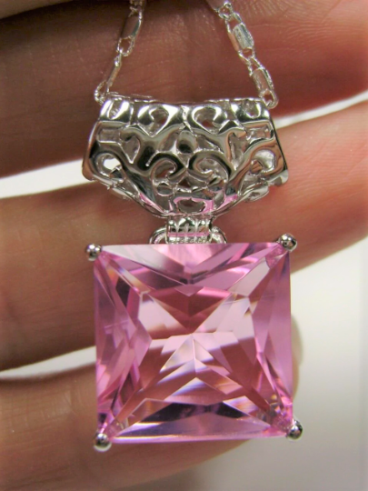Pink Topaz Pendant, Square Gem, Sterling Silver Filigree, Necklace, Art Deco Jewelry, Silver Embrace Jewelry, P45