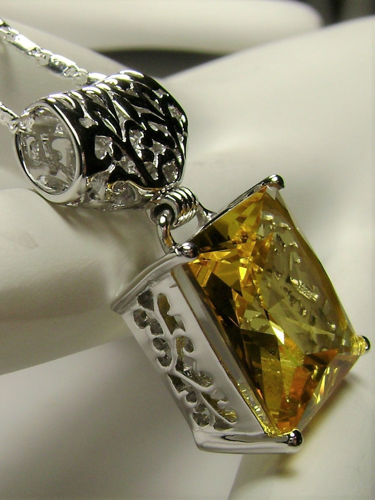 Lemon Yellow Citrine Square Pendant, Sterling Silver Art Deco Jewelry, Vintage style, Necklace, P45