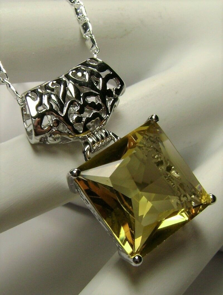 Yellow Citrine Pendant Necklace, Square Cut Yellow Gem, Sterling Silver Filigree, Art Deco Jewelry, Vintage Jewelry, Silver Embrace Jewelry, P45