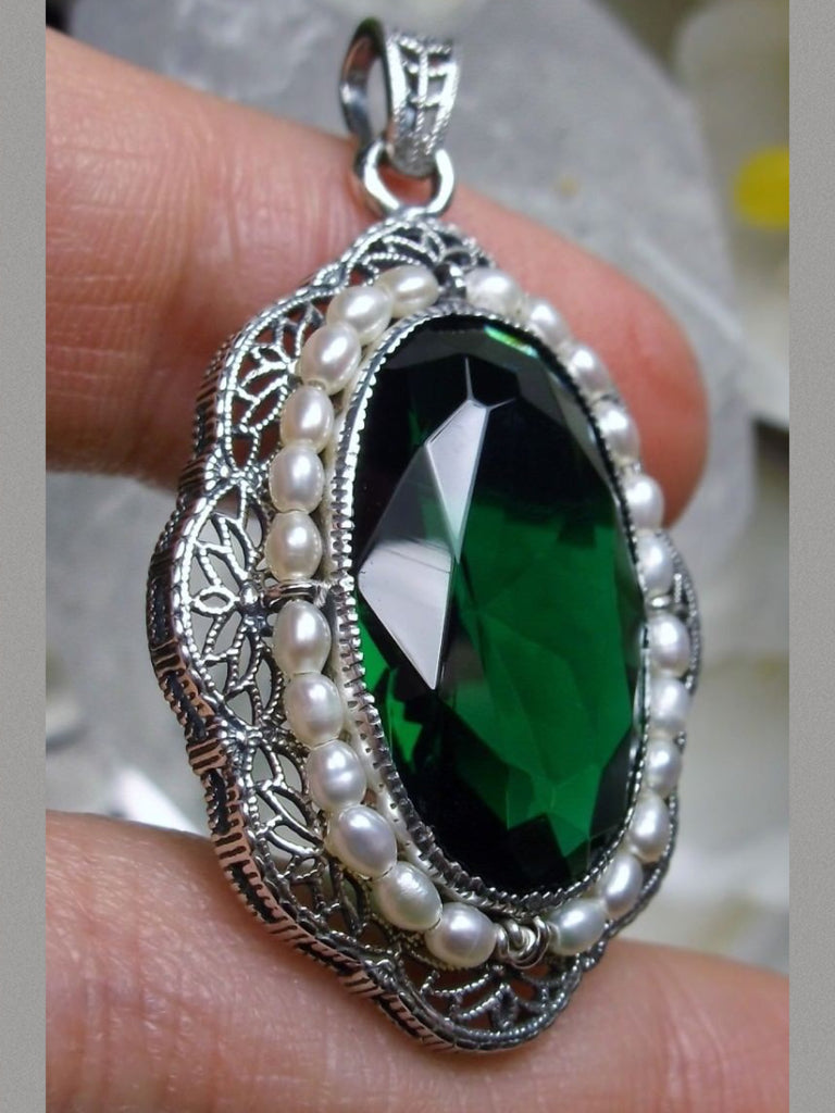 large Pendant with an oval emerald green gemstone surrounded by seed pearls set in solid sterling silver leaf filigree, Silver Embrace Jewelry