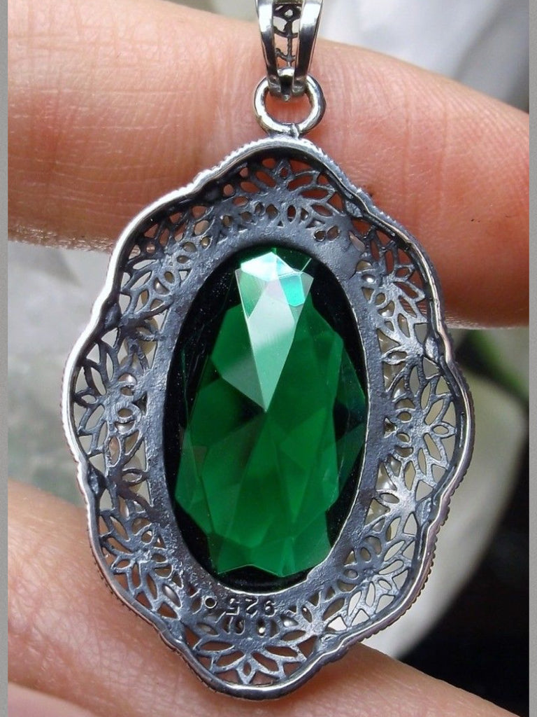 large Pendant with an oval emerald green gemstone surrounded by seed pearls set in solid sterling silver leaf filigree, Silver Embrace Jewelry