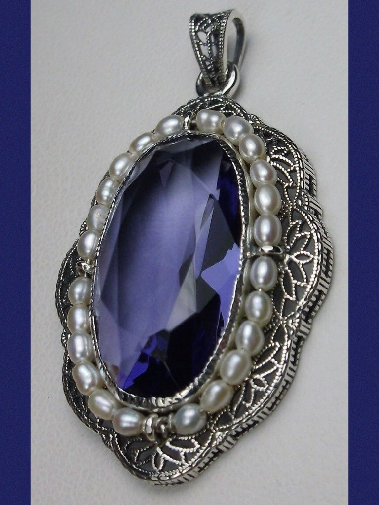 Pendant with an oval purple amethyst surrounded by seed pearls set in solid sterling silver leaf filigree, Silver Embrace Jewelry