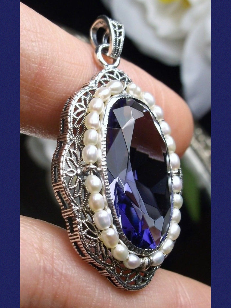 Pendant with an oval purple amethyst surrounded by seed pearls set in solid sterling silver leaf filigree, Silver Embrace Jewelry
