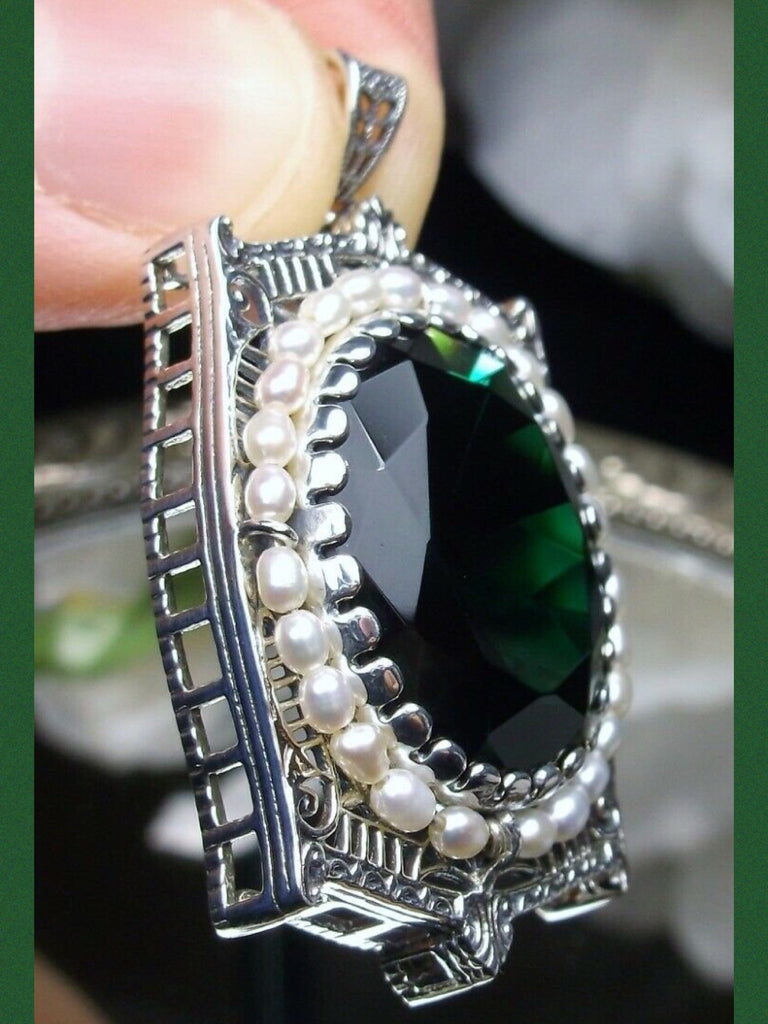 Emerald Pendant, large emerald green oval gemstone surrounded by delicate seed pearls and intricate sterling silver filigree, Silver Embrace Jewelry