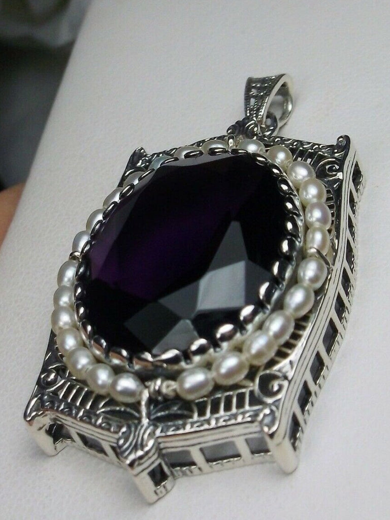 Amethyst Pendant, large purple amethyst oval gemstone surrounded by delicate seed pearls and intricate sterling silver filigree, Silver Embrace Jewelry
