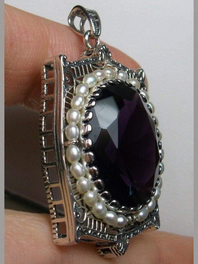 Amethyst Pendant, large purple amethyst oval gemstone surrounded by delicate seed pearls and intricate sterling silver filigree, Silver Embrace Jewelry