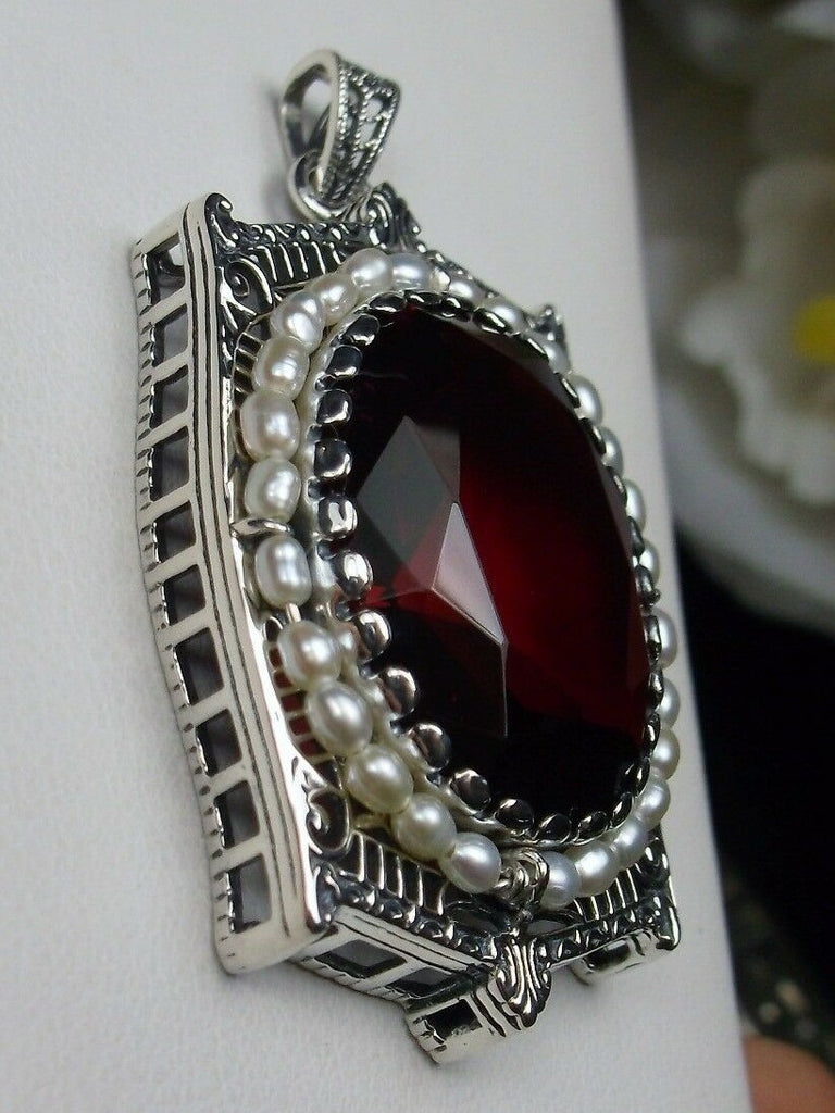 Ruby Pendant, large red ruby oval gemstone surrounded by delicate seed pearls and intricate sterling silver filigree, Silver Embrace Jewelry