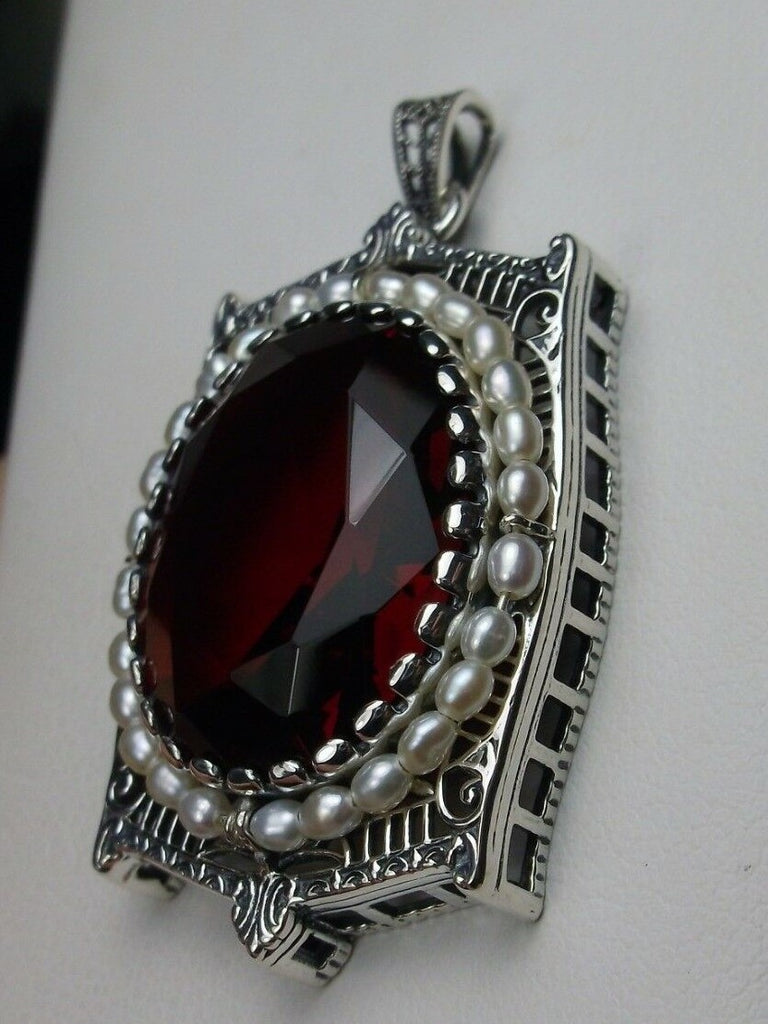 Ruby Pendant, large red ruby oval gemstone surrounded by delicate seed pearls and intricate sterling silver filigree, Silver Embrace Jewelry