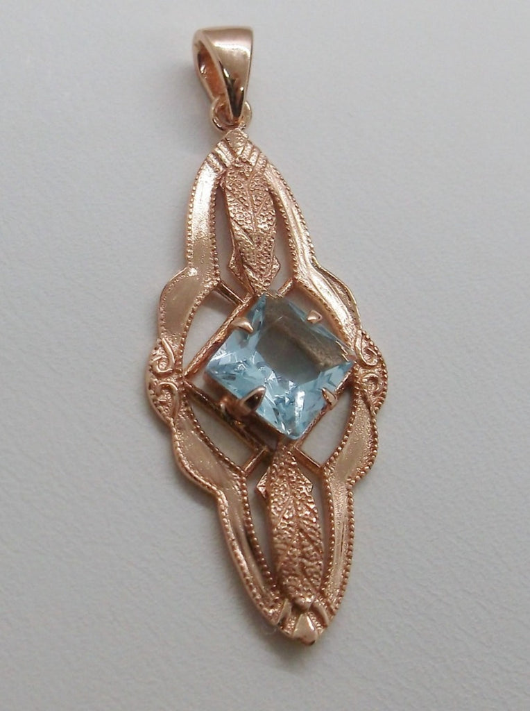 Natural Topaz Pendant Necklace, blue topaz pendant, with a natural blue topaz square stone set in floral rose gold filigree, 4 prongs hold the gem in place, Silver Embrace Jewelry, P6