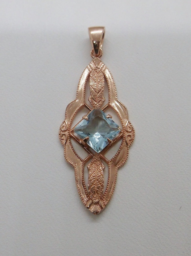 Natural Topaz Pendant Necklace, blue topaz pendant, with a natural blue topaz square stone set in floral rose gold filigree, 4 prongs hold the gem in place, Silver Embrace Jewelry, P6