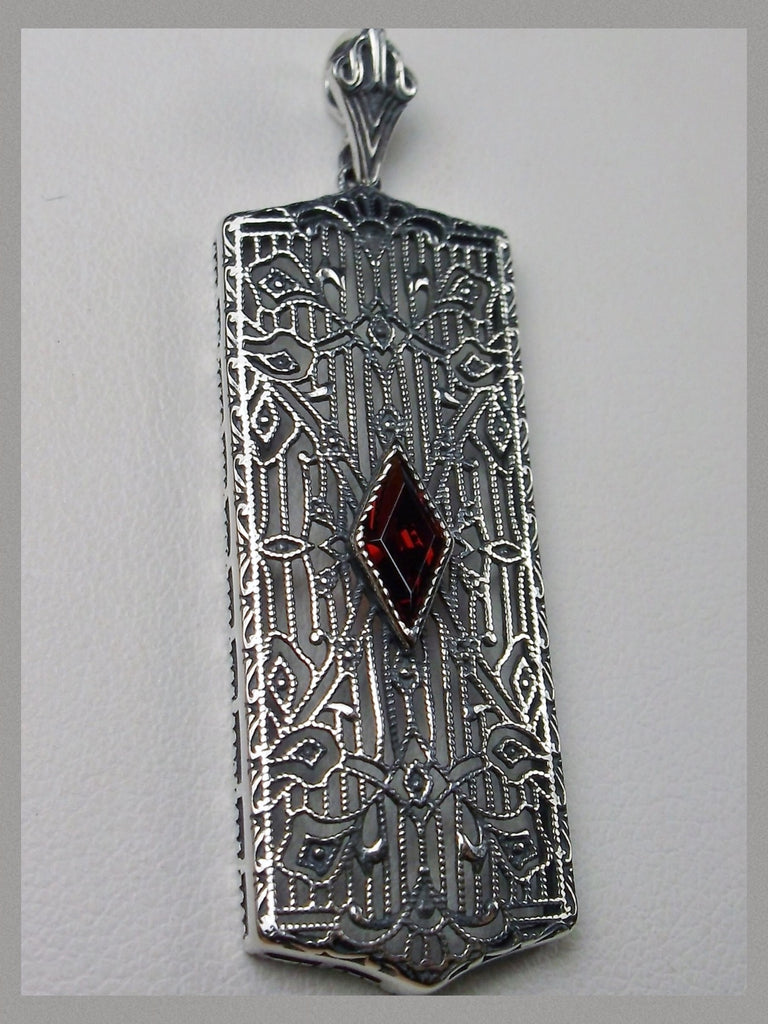 Garnet Pendant Necklace, Rectangle Art Deco style pendant with fine lace filigree and a diamond shaped red garnet cubic zirconia gemstone in the center of the filigree, Silver Embrace Jewelry