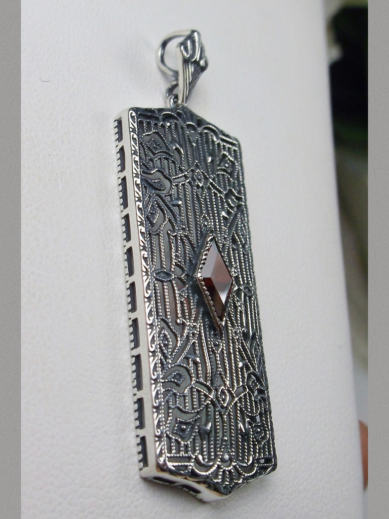 Garnet Pendant Necklace, Rectangle Art Deco style pendant with fine lace filigree and a diamond shaped red garnet cubic zirconia gemstone in the center of the filigree, Silver Embrace Jewelry