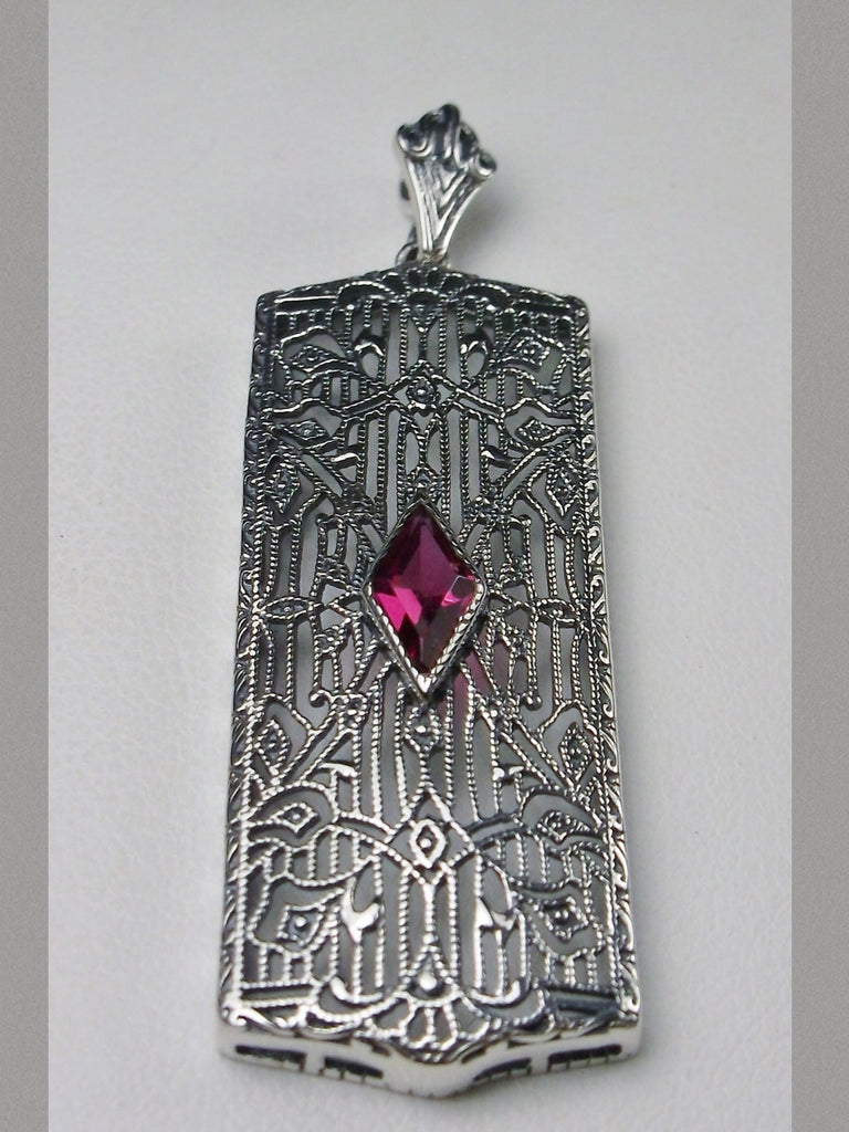 Ruby Pendant Necklace, Rectangle Art Deco style pendant with fine lace filigree and a diamond shaped red ruby gemstone in the center of the filigree, Silver Embrace Jewelry