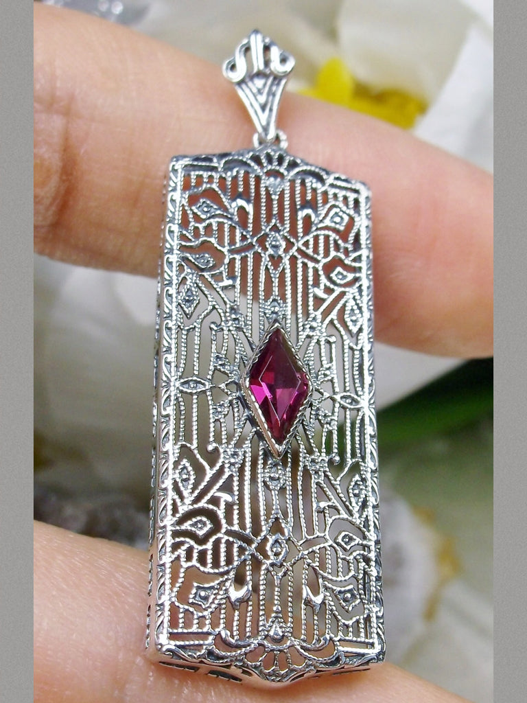 Ruby Pendant Necklace, Rectangle Art Deco style pendant with fine lace filigree and a diamond shaped red ruby gemstone in the center of the filigree, Silver Embrace Jewelry