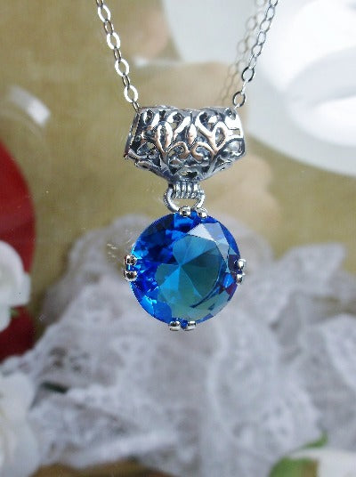 Swiss Blue topaz pendant necklace, fleur de lis filigree, art deco fanciful filigree design, Vintage Jewelry, Silver Embrace Jewelry, P7