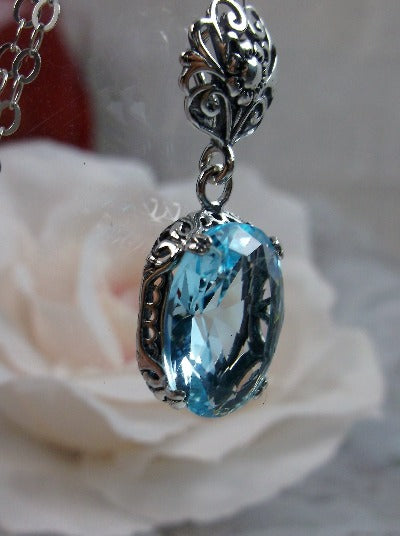 Aquamarine (Sky Blue Topaz) Pendant, Sterling Silver Floral Filigree, Edwardian Jewelry, Vintage Jewelry, Silver Embrace Jewelry, P70