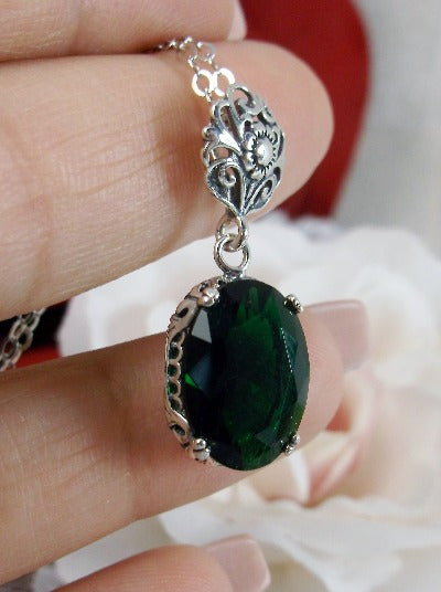 Green Emerald Pendant, Sterling Silver Floral Filigree, Edwardian Jewelry, Vintage Jewelry, Silver Embrace Jewelry, P70