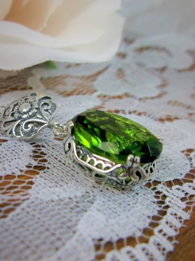 Green Peridot Pendant, Sterling Silver Floral Filigree, Edwardian Jewelry, Vintage Jewelry, Silver Embrace Jewelry, P70