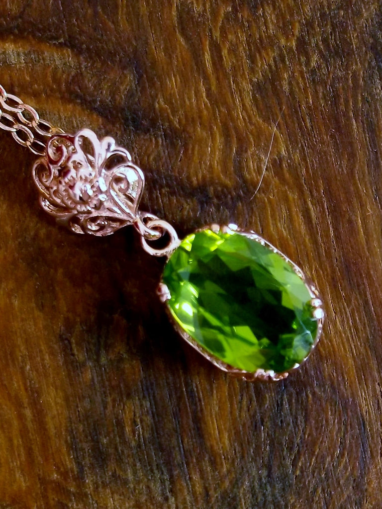 Natural Green Peridot Pendant Necklace, green peridot pendant, with a natural green peridot oval stone set in floral rose gold filigree, 4 prongs hold the gem in place, Silver Embrace Jewelry