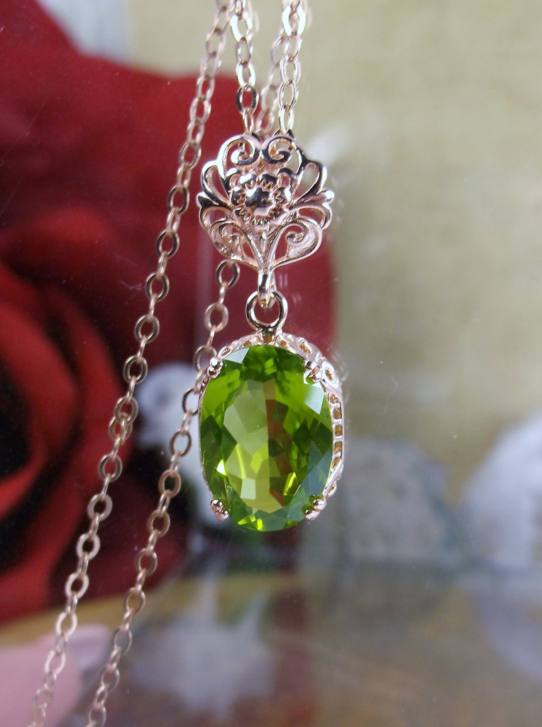 Natural Green Peridot Pendant Necklace, green peridot pendant, with a natural green peridot oval stone set in floral rose gold filigree, 4 prongs hold the gem in place, Silver Embrace Jewelry