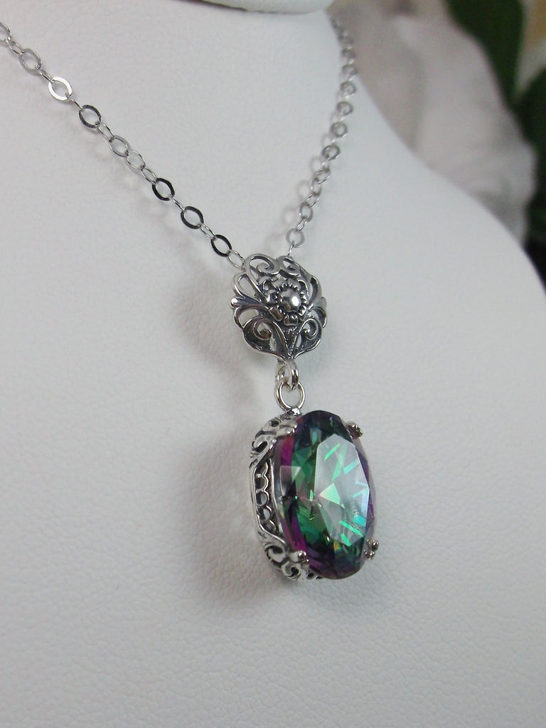 Mystic Topaz Pendant Necklace, mystic topaz pendant, with a rainbow mystic oval stone set in floral sterling silver filigree, 4 prongs hold the gem in place, Silver Embrace jewelry