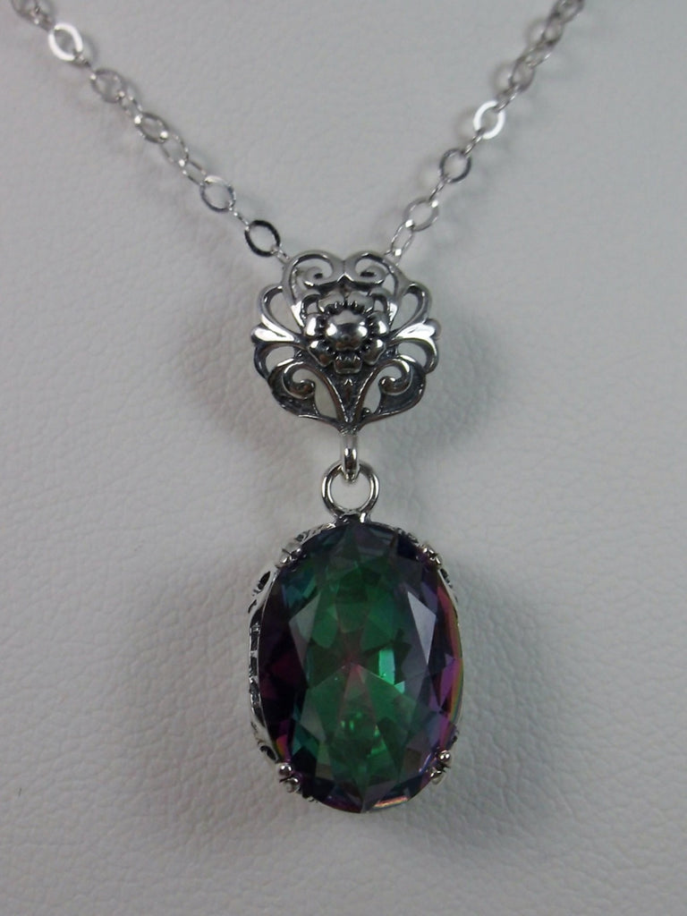 Mystic Topaz Pendant Necklace, mystic topaz pendant, with a rainbow mystic oval stone set in floral sterling silver filigree, 4 prongs hold the gem in place, Silver Embrace jewelry