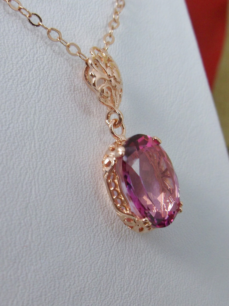 Natural Pink Topaz pendant necklace, pink topaz pendant, with a natural pink topaz oval stone set in floral rose gold filigree, 4 prongs hold the gem in place, Silver Embrace Jewelry