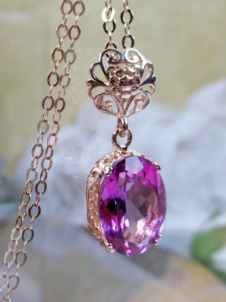 Natural Pink Topaz pendant necklace, pink topaz pendant, with a natural pink topaz oval stone set in floral rose gold filigree, 4 prongs hold the gem in place, Silver Embrace Jewelry
