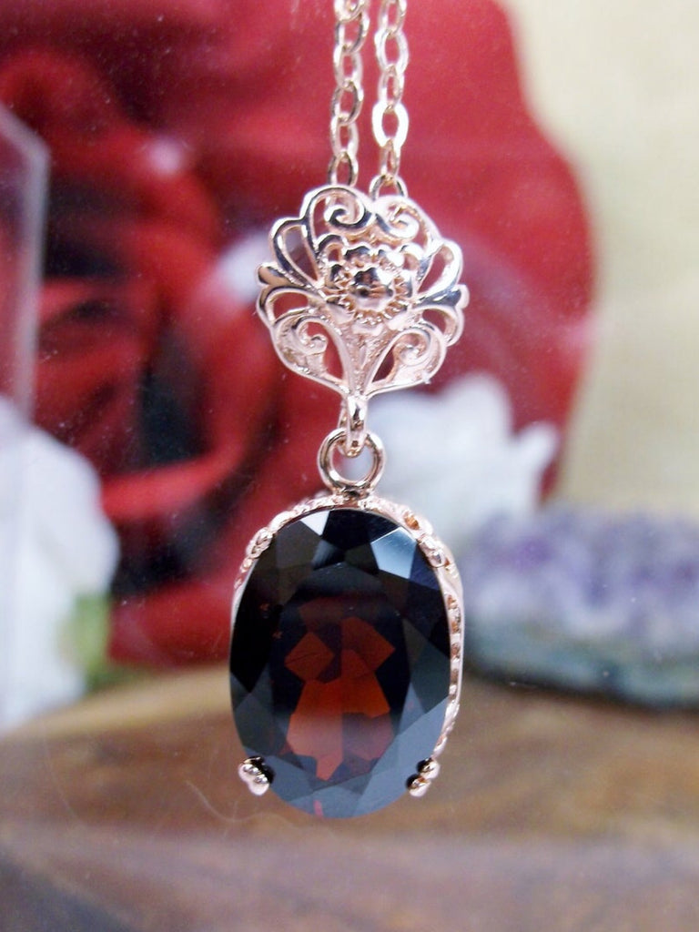 Natural Red Garnet Pendant Necklace, red garnet pendant, with a natural red garnet oval stone set in floral rose gold filigree, 4 prongs hold the gem in place, Silver Embrace jewelry