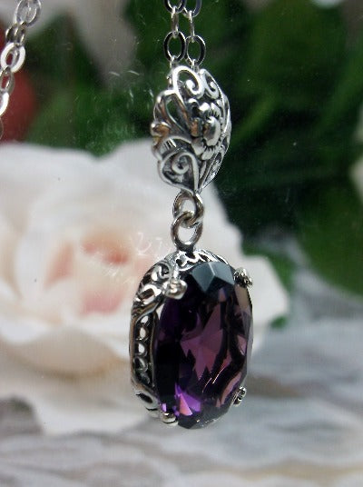 Purple Amethyst Pendant, Sterling Silver Floral Filigree, Edwardian Jewelry, Vintage Jewelry, Silver Embrace Jewelry, P70