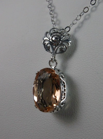 Peach Cubic Zirconia (CZ) Pendant, Sterling Silver Floral Filigree, Edwardian Jewelry, Vintage Jewelry, Silver Embrace Jewelry, P70