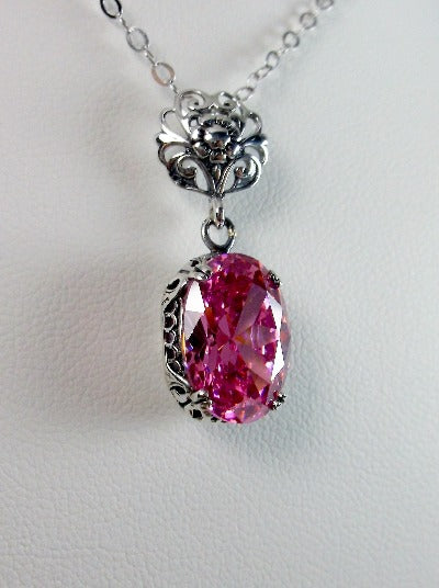 Pink Cubic Zirconia (CZ) Pendant, Sterling Silver Floral Filigree, Edwardian Jewelry, Vintage Jewelry, Silver Embrace Jewelry, P70