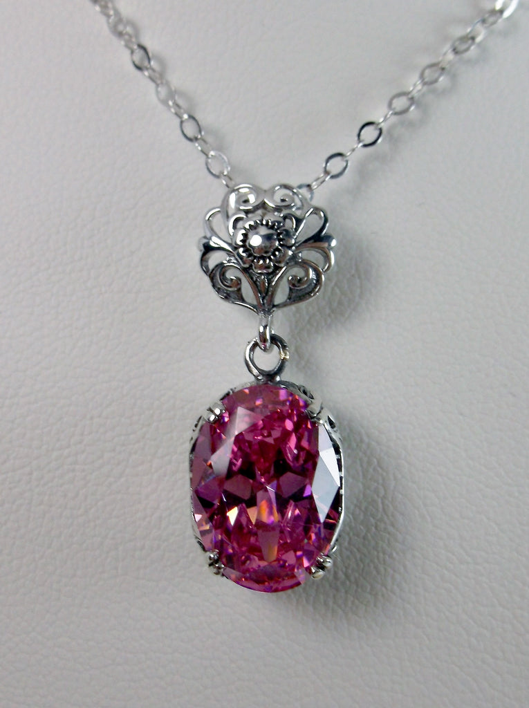 Pink CZ Pendant Necklace, pink pendant, with a hot pink oval stone set in floral sterling silver filigree, 4 prongs hold the gem in place, Silver Embrace Jewelry