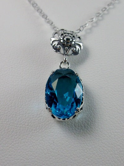 Swiss Blue Topaz Pendant, Sterling Silver Floral Filigree, Edwardian Jewelry, Vintage Jewelry, Silver Embrace Jewelry, P70