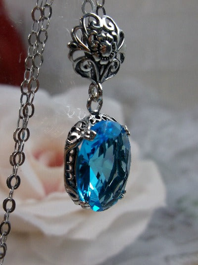 Swiss Blue Topaz Pendant, Sterling Silver Floral Filigree, Edwardian Jewelry, Vintage Jewelry, Silver Embrace Jewelry, P70