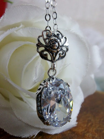 White Cubic Zirconia (CZ) Pendant, Sterling Silver Floral Filigree, Edwardian Jewelry, Vintage Jewelry, Silver Embrace Jewelry, P70