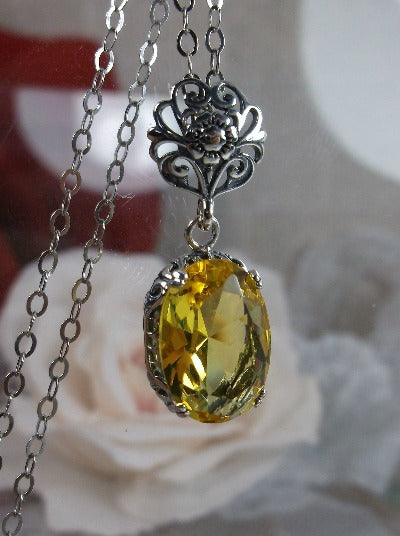 Yellow Citrine Pendant, Sterling Silver Floral Filigree, Edwardian Jewelry, Vintage Jewelry, Silver Embrace Jewelry, P70
